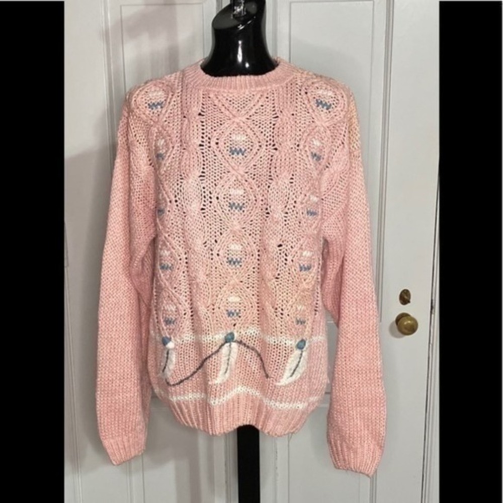 Vintage Grandma Core Hand Knitted Tilbury Ramie/Acrylic‎ Size Large Light Pink